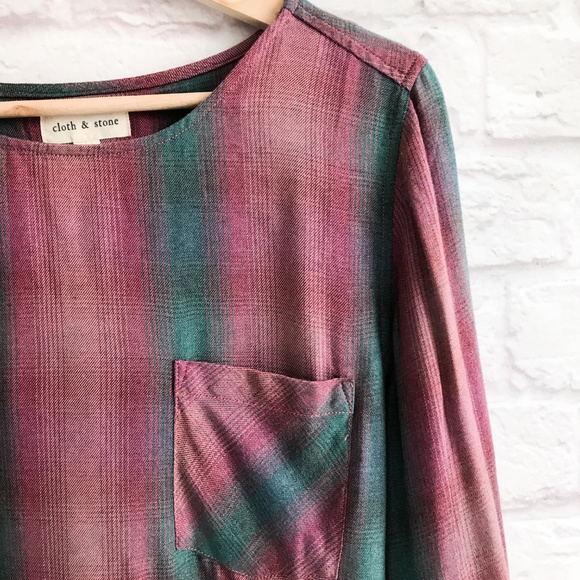 Cloth & Stone Lace Up Plaid Top Size Medium - Picture 2 of 5